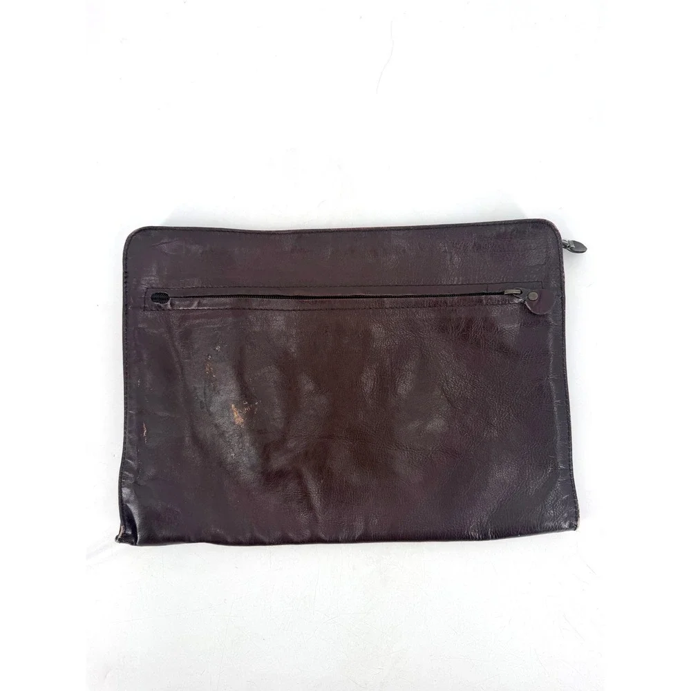 Vintage Portfolio Folio Mens OS Dark Brown Leather Brass Zipper 80s Academia